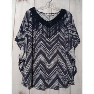 Cato Blouse Womens 22/24W Navy White Chevron Fringe Boho Top Plus Size‎